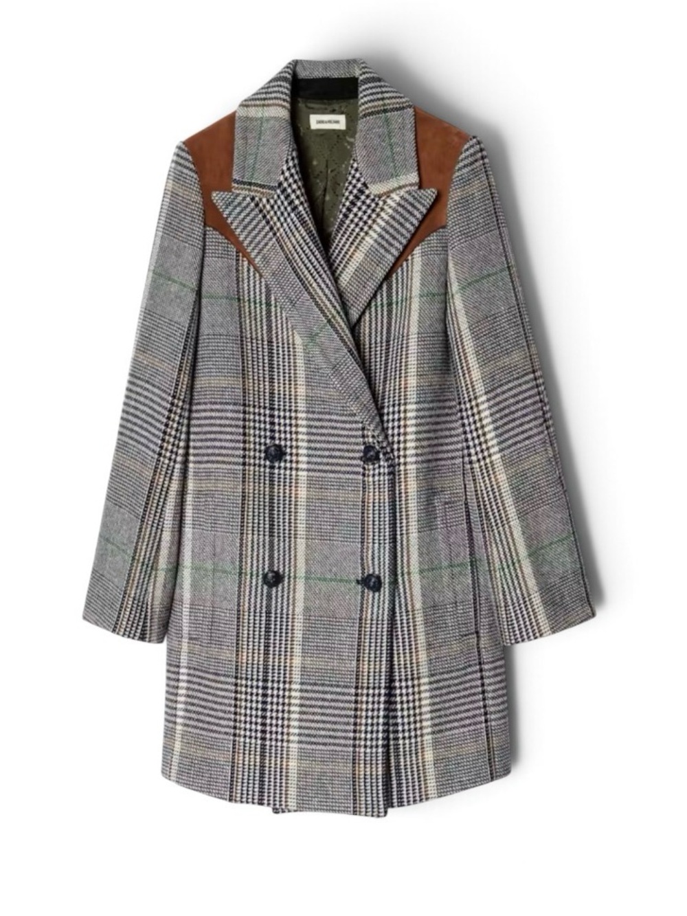 Zadig & Voltaire Checked Wool-Blend Overcoat with Brown Suede Shoulders